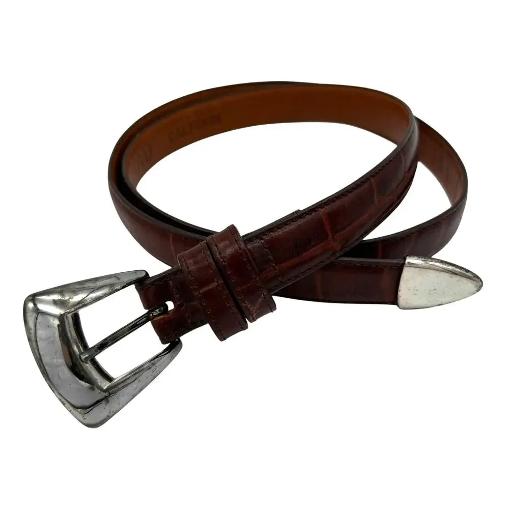 Vintage Joan & David Calfskin Brown Leather Belt Croc Embossed 90s Minimal
